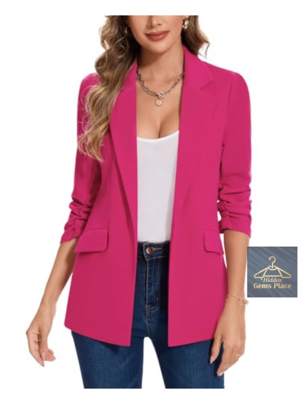 Women's Blazer 3/4 Sleeve Open Front Ruched Business Casual Jacket